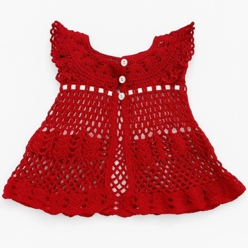 Handmade Red Crochet Baby Dress with Ribbon Bow Girls Kid Vintage Heirloom Style